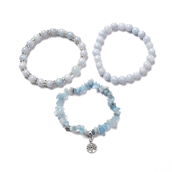 Natural Aquamarine Beads Stretch Bracelet Set for Men Women Girl Gift, Tree of Life Tibetan Style Alloy Charm Bracelets, Inner Diameter: 2-1/8 inch(5.5cm), Beads: 2~10x4~10mm, 3pcs/set