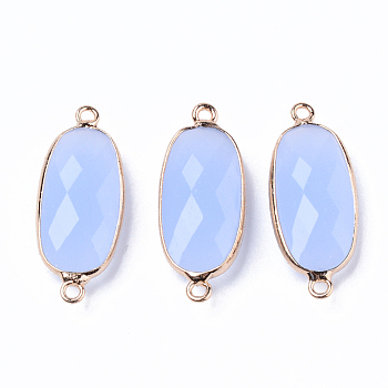 K9 Glass Links Connectors, with Light Gold Plated Edge Brass Loops, Oval, Faceted, Light Sky Blue, 27x11x5.5mm, Hole: 2mm