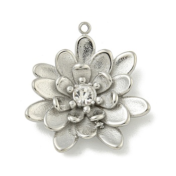 304 Stainless Steel Pendants, with Crystal Rhinestine, Flower Charm, Stainless Steel Color, 25.5x23.5x4.5mm, Hole: 1.5mm