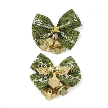 Christmas Polyester Bowknot Ornament Accessories, with Iron Bell, PVC Findings, Golden, Green, 47~48x52x13.5mm