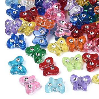 Plastic Butterfly Beads, Silver Metal Enlaced, Mixed Color, 8.5~9x11x4mm, Hole: 1.5mm, about 2083pcs/500g