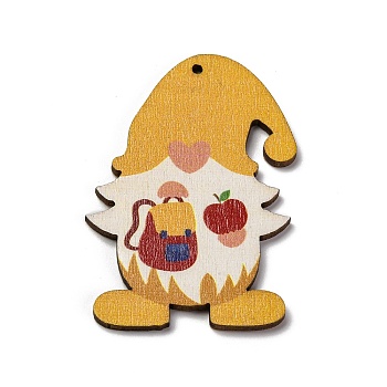 Printed Wood Pendants, Christmas Gnome Big Pendants, Yellow, 54.5x38.5x2.5mm, Hole: 1.6mm