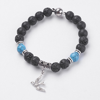 Natural Lava Rock Beads Charm Bracelets, with Synthetic Turquoise, Magnetic Clasp and Alloy Findings, Bird, Antique Silver, 7-1/4 inch(185mm), 19.5x13x2mm