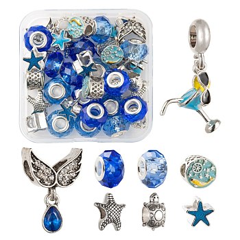 DIY Jewelry Making Kits, Including 16Pcs Glass European Beads, 16Pcs Alloy European Beads and 4Pcs Alloy European Dangle Charms, Rondelle & Starfish & Flat Round & Tortoise & Cocktail Glass & Wing, Mixed Color, 36pcs/box