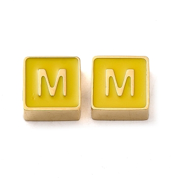 304 Stainless Steel Enamel Beads, Real 14K Gold Plated, Square with Letter, Letter M, 8x8x4mm, Hole: 2mm