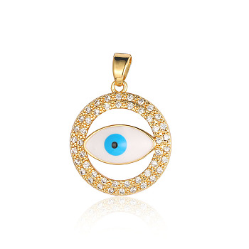 Brass Micro Pave Cubic Zirconia Pendants, Evil Eye Charms, Real 18K Gold Plated, 20x18x3.8mm