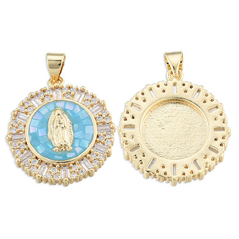 Brass Micro Pave Clear Cubic Zirconia Pendants, with Enamel and Shell, Real 18K Gold Plated, Nickel Free, Flat Round with Virgin Mary, Light Sky Blue, 23.5x21x4mm, Hole: 3x4mm