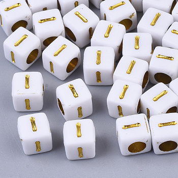 Plating Acrylic Beads, Horizontal Hole, Golden Metal Enlaced, Alphabet Style, Cube, Letter.I, 5.5~6x5.5~6x5.5~6mm, Hole: 3.5mm, about 3000pcs/500g