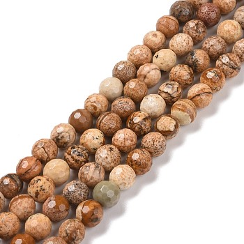 Natural Picture Jasper Beads Strands, Faceted(128 Facets), Round, 6.5mm, Hole: 1mm, about 59pcs/strand, 14.96''(38cm)