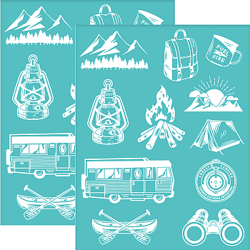 Self-Adhesive Silk Screen Printing Stencil, for Painting on Wood, DIY Decoration T-Shirt Fabric, Turquoise, Camping Themed Pattern, 280x220mm