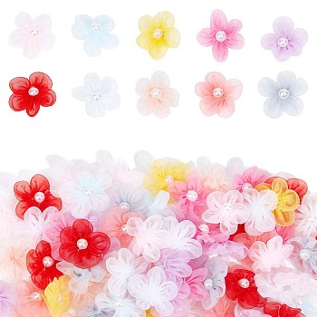 100Pcs 10 Colors Organza 5-Petal Flower Ornament Accessories, Sewing Craft Decoration, with Plastic Imitation Pearl, Mixed Color, 25~26x9mm, 10pcs/color