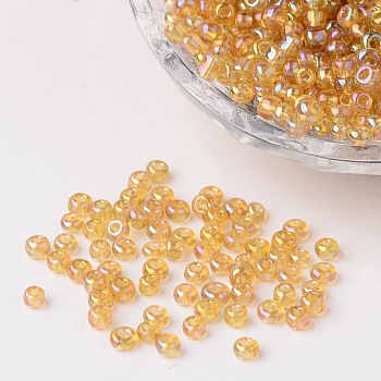 Round Trans. Colors Rainbow Glass Seed Beads, Pale Goldenrod, Size: about 3mm in diameter, hole: 1mm, about 1102pcs/50g