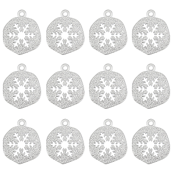 12Pcs Brass Charms, Flat Round with Snowflake, Real Platinum Plated, 14x12x1mm, Hole: 1mm