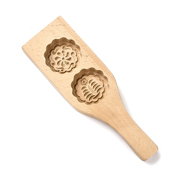 Beech Wooden Press Mooncake Mold, Chinese Characters Pastry Mould, 2 Cavities Cake Mold Baking, Flower, 219x69x22.5mm, Inner Diameter: 48x48mm