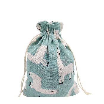 Printed Cotton Imitation Burlap Packing Pouches Drawstring Bags, for Christmas, Wedding Party and DIY Craft Packing, Alpaca, 18x13cm