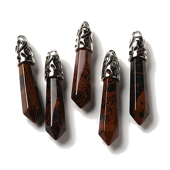 Natural Mahogany Obsidian Pointed Big Pendants, Faceted Bullet Charms with Rack Plating Platinum Plated Brass Findings, 56~65x11~11.5x10~10.5mm, Hole: 4X3mm
