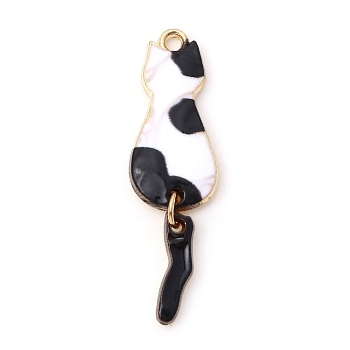 Alloy Enamel Pendant, Cat, Light Gold, White, 35x10mm