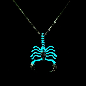 Luminous Glow in the Dark Alloy Scorpio Pendant Necklaces, with Stainless Steel Curb Chain, Cyan, 27.56 inch(70cm)