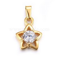 304 Stainless Steel Pendants, with Cubic Zirconia, Star, Clear, Golden, 16x12.5x5mm, Hole: 5x3mm(STAS-P216-54G)