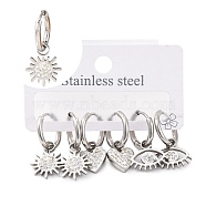 3 Pairs 3 Styles 304 Stainless Steel Clay Crystal Rhinestone Huggie Hoop Earrings, Sun & Heart & Eye Charm Earrings for Women, Stainless Steel Color, 22.5~26x10~12mm, 1 pair/style(EJEW-K279-08B-P)