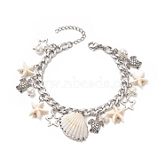 Synthetic Turquoise Starfish & Natural Shell & Shell Pearl Charm Bracelet, Alloy Star & Star Charm Bracelet for Women, Stainless Steel Color, 7-1/4 inch(18.5cm)(BJEW-TA00217)