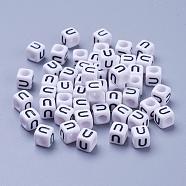 Letter U White Letter Acrylic Cube Beads, Horizontal Hole, Size: about 6mm wide, 6mm long, 6mm high, hole: 3.2mm, about 300pcs/50g(X-PL37C9308-U)