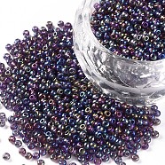 12/0 Grade A Round Glass Seed Beads, Transparent Colours Rainbow, Slate Blue, 12/0, 2x1.5mm, Hole: 0.9mm, about 30000pcs/bag(SEED-Q010-F541)