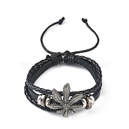 PU Leather & Waxed Cords Triple Layer Multi-strand Bracelets, Braided Adjustable Bracelet Alloy Leaf, Black, Inner Diameter: 2-3/8~3-1/8 inch(5.9~8cm)(BJEW-G709-02B)