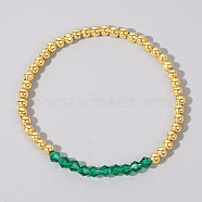 Colorful Birthstone Faceted Bicone & Brass Beaded Stretch Bracelets for Women, Sea Green, 6-7/8 inch(17.5cm)(RJ7989-5)