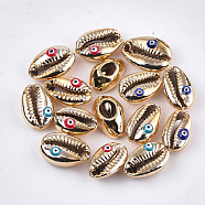Electroplated Cowrie Shell Beads, Undrilled/No Hole Beads, with Enamel, Cowrie Shell Shape with Evil Eye, Mixed Color, 18~21x11~15x8mm(SSHEL-S258-62)