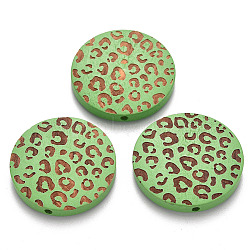Painted Natural Wood Beads, Laser Engraved Pattern, Flat Round with Leopard Print, Medium Spring Green, 30x5mm, Hole: 1.6mm(X-WOOD-N006-07O)