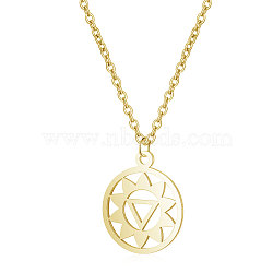 201 Stainless Steel Pendants Necklaces, with Cable Chains, Flat Round with Flower, Golden, 16.3 inch(40cm), 1mm(NJEW-S069-TN527-2)