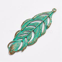 Tibetan Style Alloy Pendants, Leaf, Antique Bronze & Green Patina, 71x25x2mm, Hole: 2mm(PALLOY-F187-27ABG)