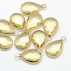 Golden Tone Brass Glass Drop Pendants, Light Yellow, 22x14x5mm, Hole: 2mm(X-GLAA-J017B-HF18-G)