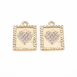 Brass Micro Pave Clear Cubic Zirconia Pendants, Nickel Free, Rectangle with Heart, Real 18K Gold Plated, 19x24x2mm, Hole: 1.8mm(KK-S356-770)