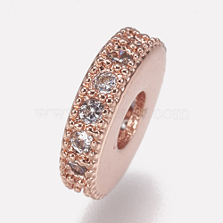 Brass Micro Pave Cubic Zirconia Bead Spacers, Flat Round, Clear, Rose Gold, 10x2mm, Hole: 3.5mm(X-ZIRC-K074-11B-01RG)