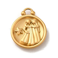 304 Stainless Steel Pendants, Flat Round with Constellations Charm, Matte Gold Color, Gemini, 20.5x17x3mm, Hole: 2.5x2mm(STAS-L022-306MG-03)