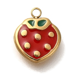 PVD Vacuum Plating 304 Stainless Steel Enamel Charms, Strawberry Charm, Real 18K Gold Plated, Red, 10x8.5x2mm, Hole: 1.2mm(STAS-P371-078G)