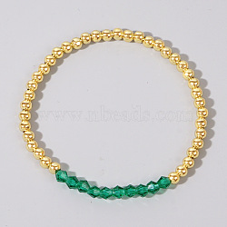 Colorful Birthstone Faceted Bicone & Brass Beaded Stretch Bracelets for Women, Sea Green, 6-7/8 inch(17.5cm)(RJ7989-5)