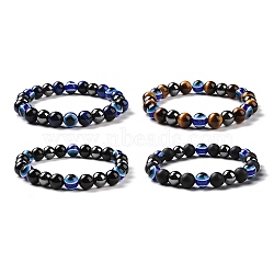 4Pcs Natural Gemstone and Evil Eye Resin Beads Stretch Bracelets Set for Women Men, Inner Diameter: 2-1/8 inch(5.3cm)(BJEW-JB08940)