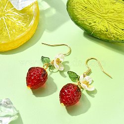 Strawberry Glass Dangle Earrings, with 304 Stainless Steel Earring Hooks, Golden, FireBrick, 42.5x13.5mm(EJEW-JE06252)