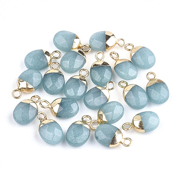 Electroplate Natural Jade Charms, with Iron Findings, Faceted, Oval, Golden, 14~15x8x5~5.5mm, Hole: 1.8mm