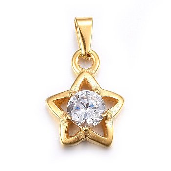 304 Stainless Steel Pendants, with Cubic Zirconia, Star, Clear, Golden, 16x12.5x5mm, Hole: 5x3mm
