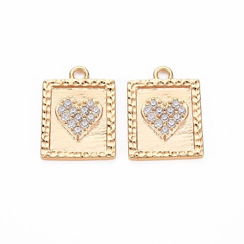 Brass Micro Pave Clear Cubic Zirconia Pendants, Nickel Free, Rectangle with Heart, Real 18K Gold Plated, 19x24x2mm, Hole: 1.8mm