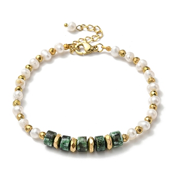 Natural Pearl & Malachite Beaded Bracelets, Ion Plating(IP) 304 Stainless Steel Jewelry for Women, Real 18K Gold Plated, 7 inch(17.9cm)