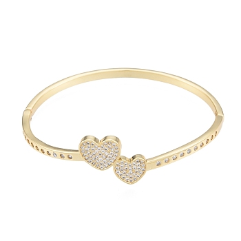 Clear Cubic Zirconia Double Heart Bangles, Brass Jewelry for Women, Real 18K Gold Plated, Inner Diameter: 2-1/8x2-3/8 inch(5.3x6.05cm)