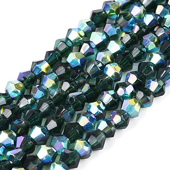 AB Color Plated Transparent Glass Beads Strands, Bicone, Faceted, Half Plated, Dark Green, 2.5~3.5x3.5~4mm, Hole: 0.8~0.9mm, about 97~108pcs/strand, 11.22~13.19''(28.5~33.5cm)