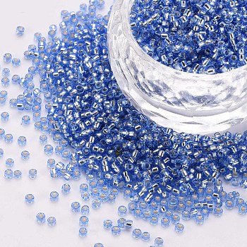 Glass Cylinder Beads, Seed Beads, Silver Lined, Round Hole, Royal Blue, 1.5~2x1~2mm, Hole: 0.8mm, about 80000pcs/bag, about 1pound/bag