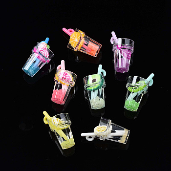 Imitation Fruit Tea Resin Pendants, Noctilucent Powder & Polymer Clay inside, with Acrylic Cup, Mixed Pattern, 25~28.5x12.5mm, Hole: 1.8mm