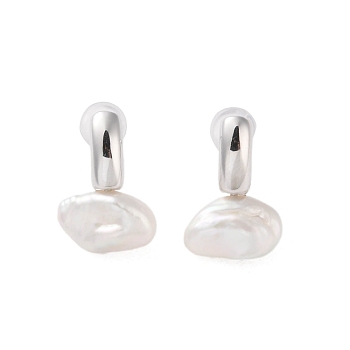 925 Sterling Silver Studs Earring, with Natural Pearl, Platinum, 17x11mm